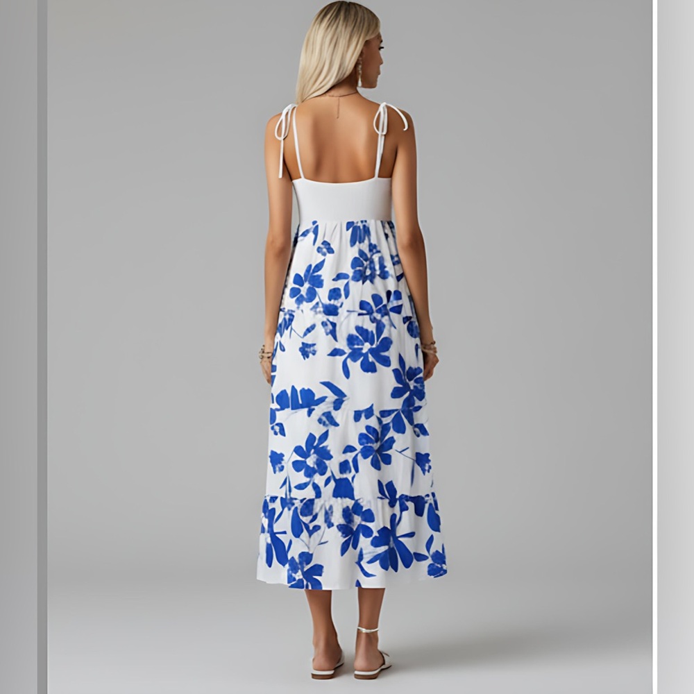 Blue Floral Print Tie Shoulder Cami Dress - Picture 4 of 8